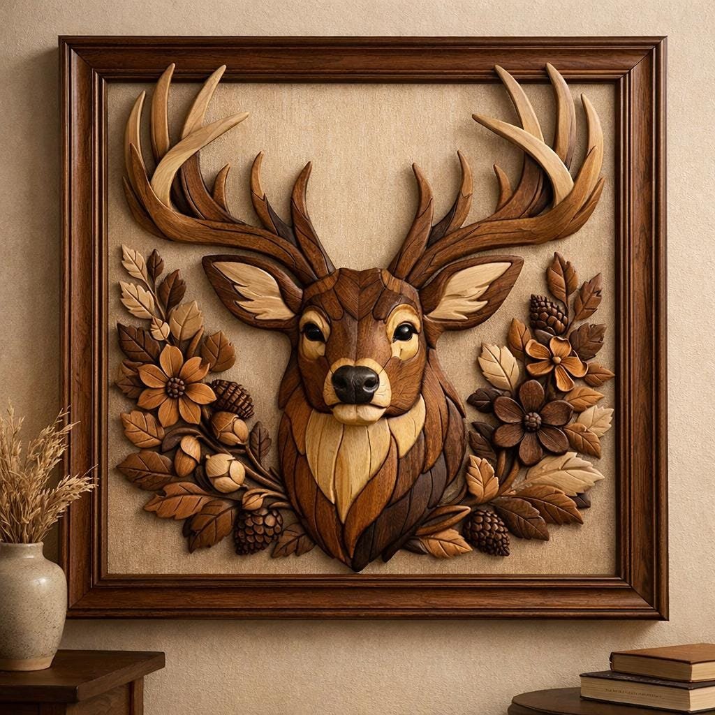Deer Intarsia Woodworking Pattern, Scroll Saw Template, Rustic Wall Art (PDF Download)