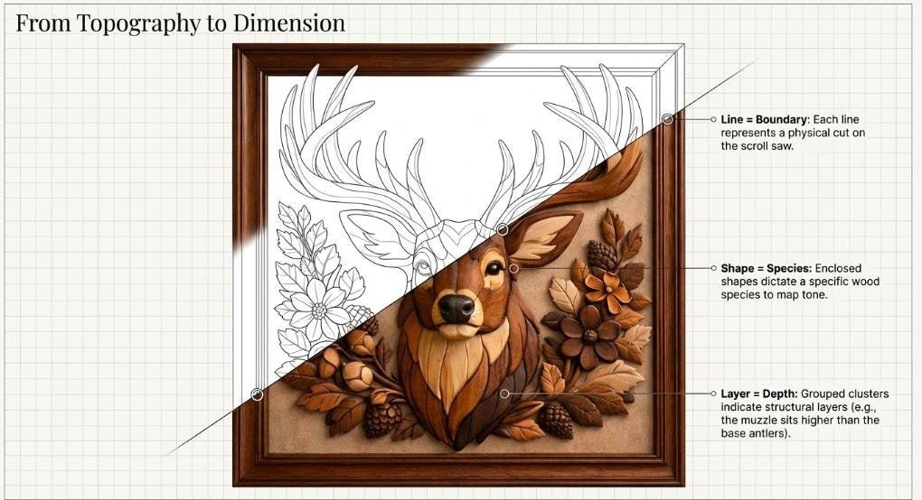 Deer Intarsia Woodworking Pattern, Scroll Saw Template, Rustic Wall Art (PDF Download)